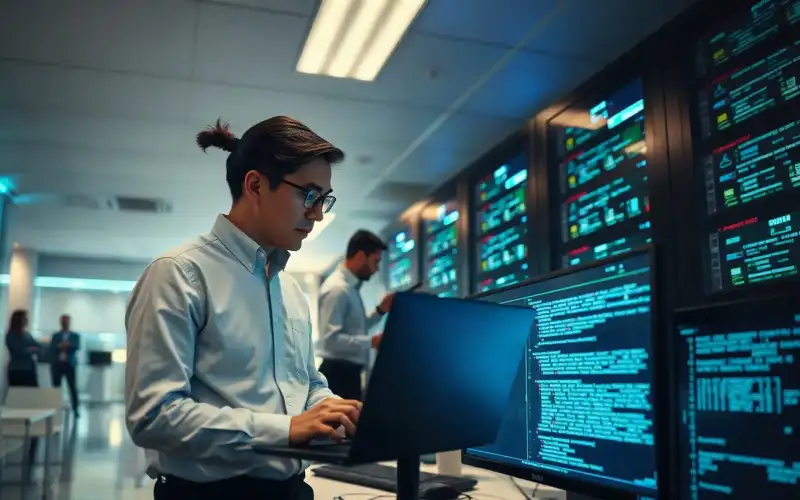Pracownik biurowy przy laptopie wdraża rozwiązania AI w nowoczesnym biurze 2026