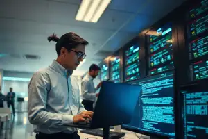 Pracownik biurowy przy laptopie wdraża rozwiązania AI w nowoczesnym biurze 2026