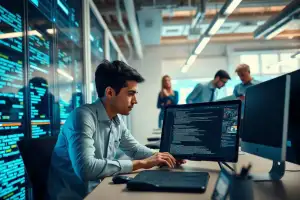 Osoba pracująca na laptopie w nowoczesnym biurze, skupiona na cyberbezpieczeństwie firmy