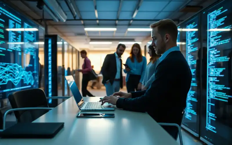 Osoba pracująca na laptopie z interfejsem AI – top polskie startupy technologiczne 2026