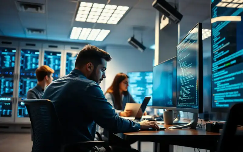 Menedżer pracujący na laptopie w nowoczesnym biurze, stosujący prompt engineering w praktyce biznesowej