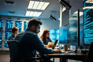 Menedżer pracujący na laptopie w nowoczesnym biurze, stosujący prompt engineering w praktyce biznesowej
