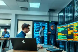 Osoba pracująca na laptopie w nowoczesnym biurze, naturalne oświetlenie, styl fotoreportażu
